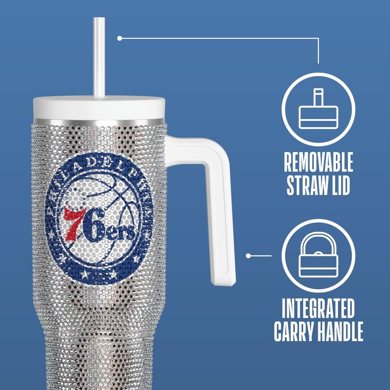 Hydrapeak x NBA Officially Licensed Philadelphia 76ers Voyager 40 oz Stainless Steel Bling Tumbler with Handle, Insulated Rhinestone Water Bottle With Straw & Lid, Includes Gift Box - Image 3